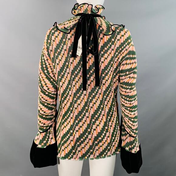 TORY BURCH Size 2 Green Pink Yellow Polyester Geometric Pleated Blouse - Picture 5 of 8